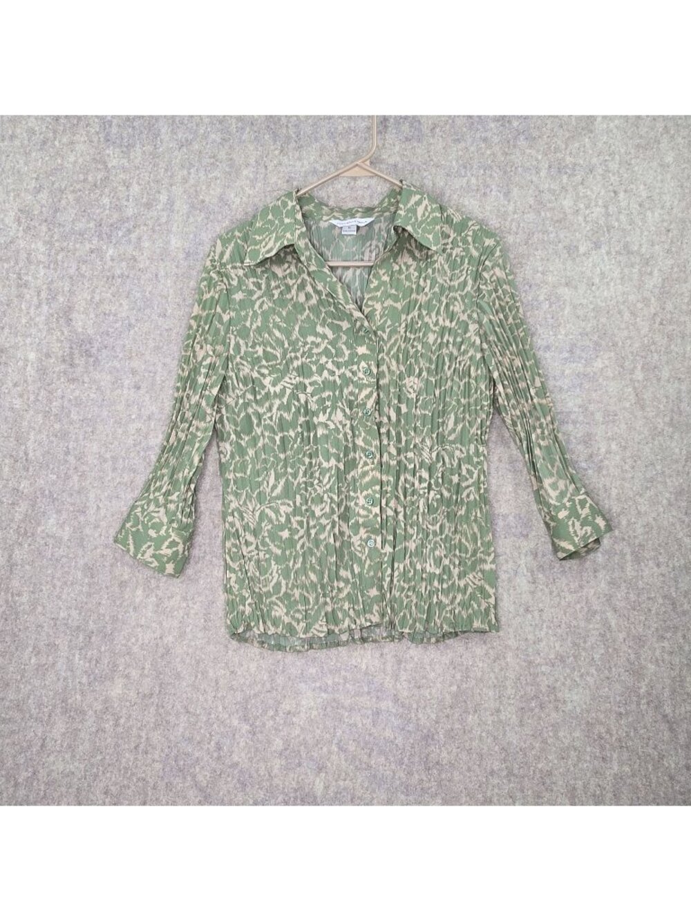 Christopher & Banks Womens Button Down Shirt Green & White Medium Pleated Blouse